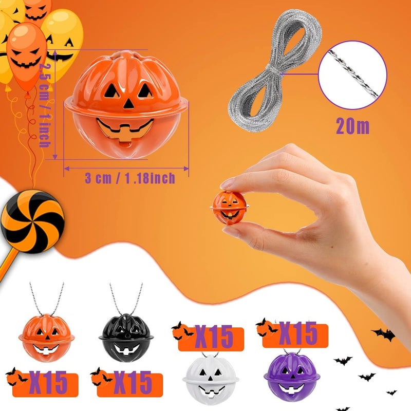 PDFans Halloween Pumpkin Bells 60pcs Jack-o-Lanterns Craft Bells 1Inch Pumpkin Jingle Bells Beads Ornaments with a Roll of String for Halloween Decorations Party Favors - Image 2